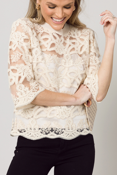 Embellished Lace Pullover, Cream
