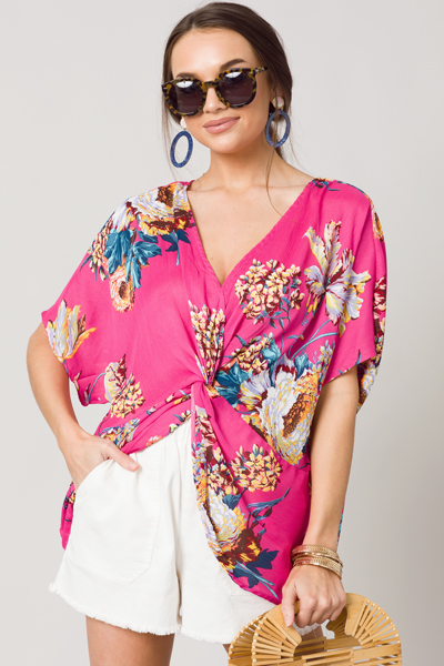 Gathered Knot Top, Hot Pink Floral