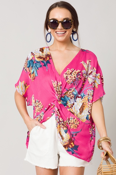 Gathered Knot Top, Hot Pink Floral