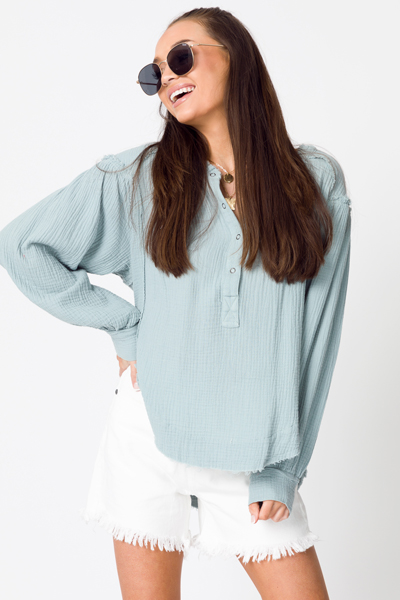 Gauze Snaps Pullover Top, Sage