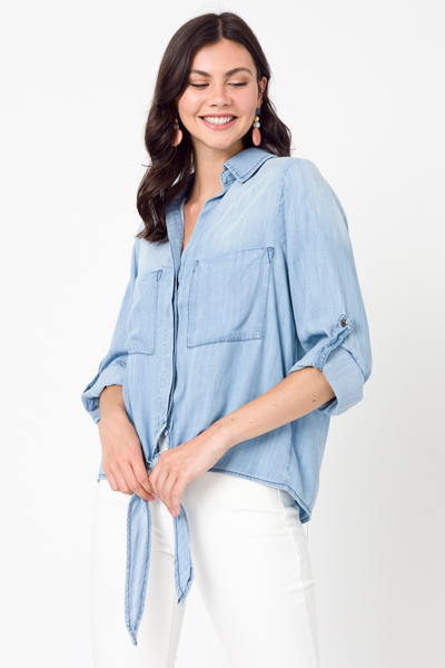 Tie Front Chambray Top, Washed Denim