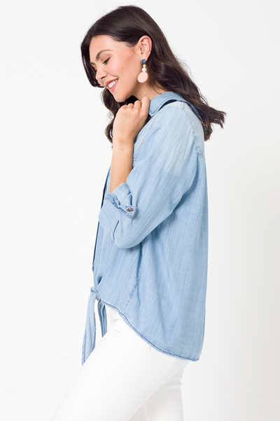 Tie Front Chambray Top, Washed Denim