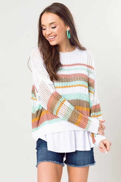 Stripe Open Stitch Sweater, Aqua