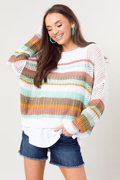 Stripe Open Stitch Sweater, Aqua