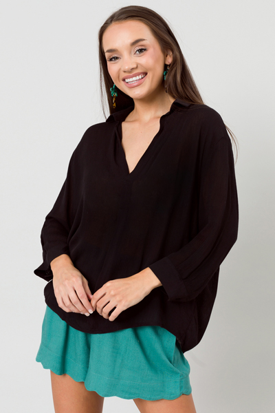 Crinkle Collar Top, Black