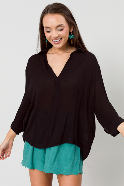 Crinkle Collar Top, Black