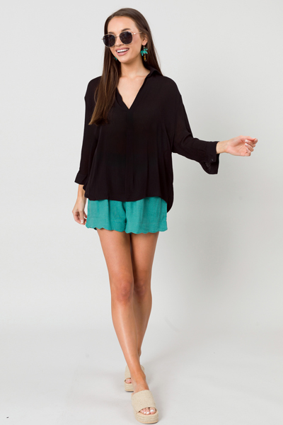 Crinkle Collar Top, Black