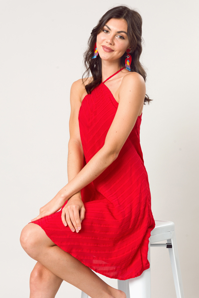 Textured Stripe Halter Dress, Red