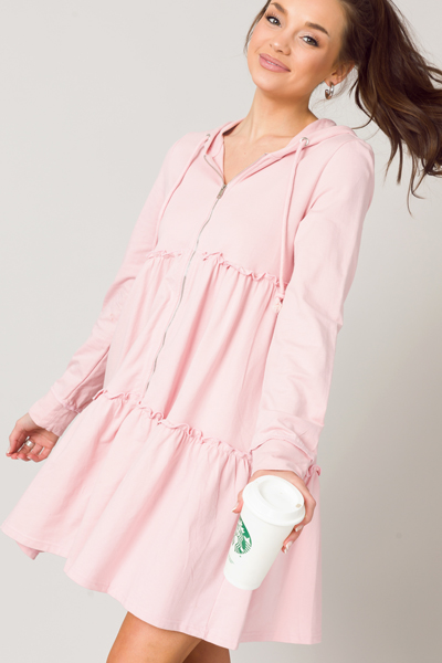 Frill Zip Hoodie Frock, Blush