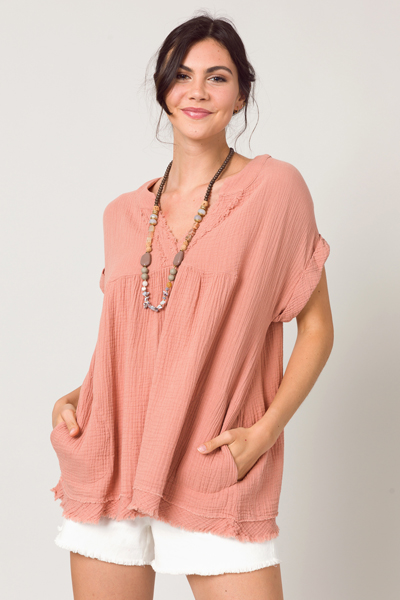 Puff Pocket Fray Tunic, Salmon