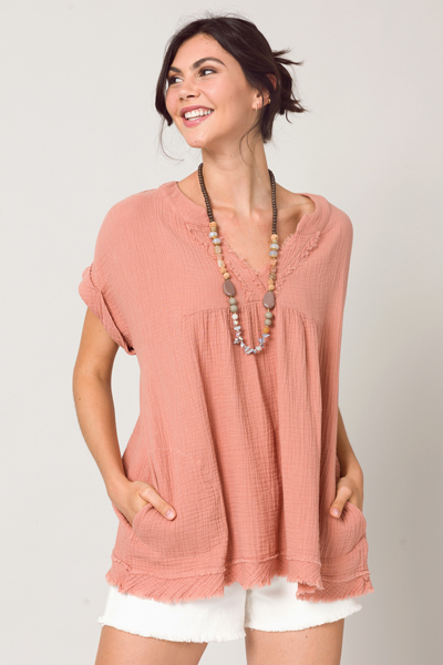 Puff Pocket Fray Tunic, Salmon