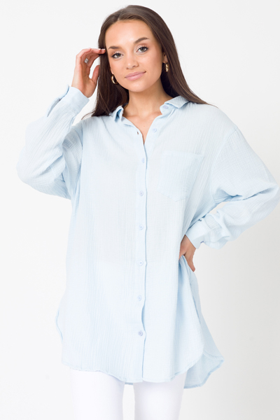 Longer Gauze Button Up, Light Blue