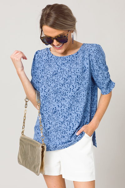 Shirred Spotty Blouse, Blue