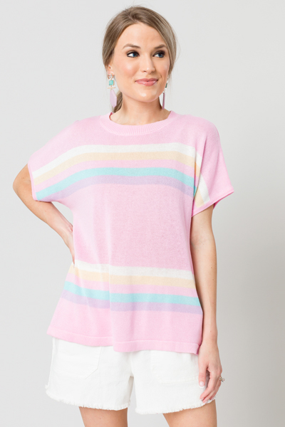 Short Sleeve Stripe Sweater, Pink