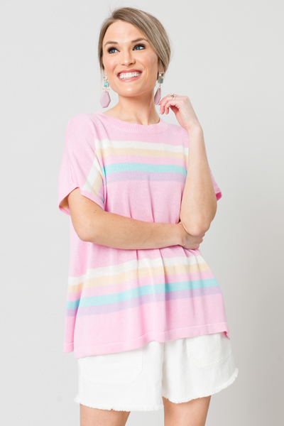 Short Sleeve Stripe Sweater, Pink