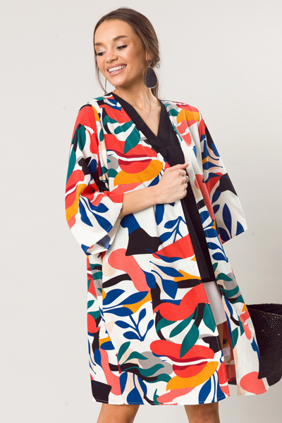 Mod Print Kimono, Off White - Kimonos - Tops - The Blue Door Boutique