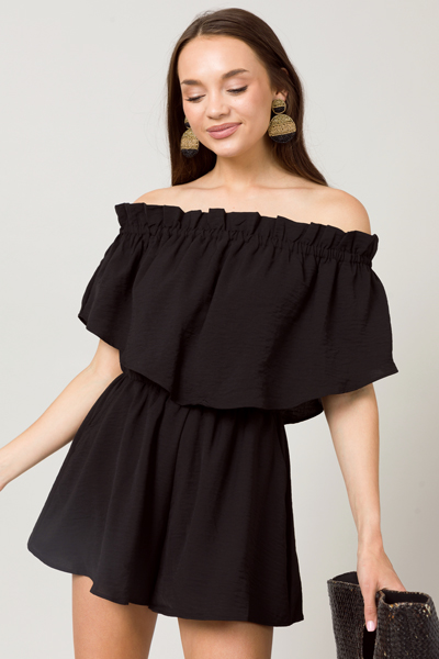 Ruffle Overlay Romper, Black