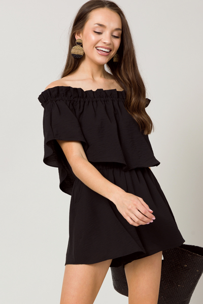 Ruffle Overlay Romper, Black