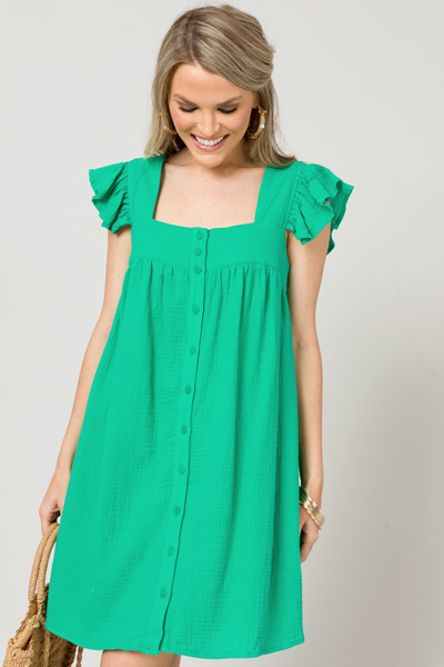 Button Gauze Dress, Green