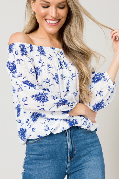 Banded Floral OTS Top, White/Blue