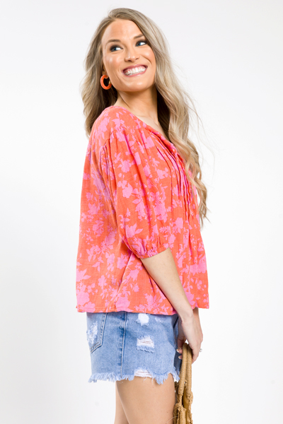 Floral Button Neck Top, Coral/Pink