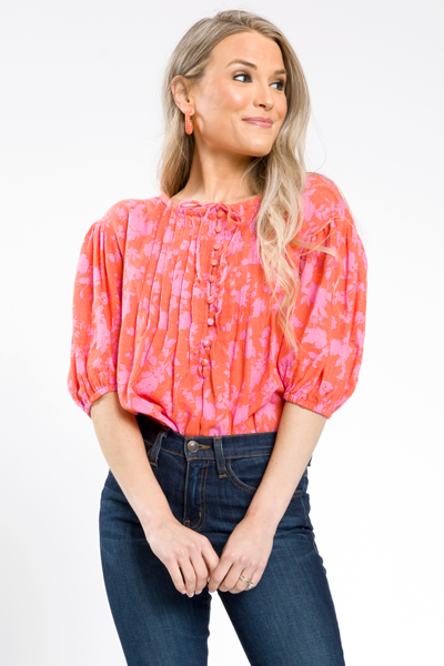 Floral Button Neck Top, Coral/Pink