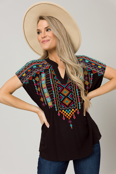 Aztec Embroidery Top, Black