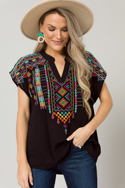 Aztec Embroidery Top, Black
