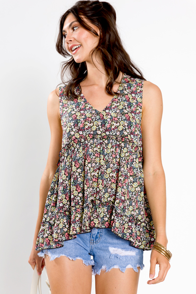 Ditsy Floral Tank, Black