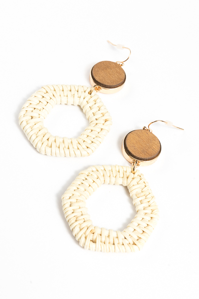 Rattan Hexagon Earrings, Ivory