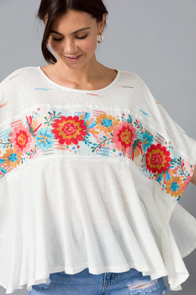 Embroidery Poncho Top, Ivory