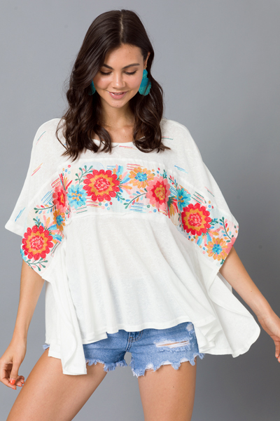 Embroidery Poncho Top, Ivory