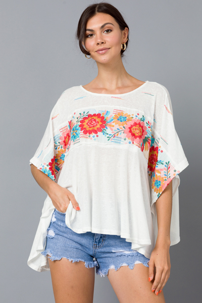 Embroidery Poncho Top, Ivory - Short Sleeve & Sleeveless - Tops - The ...