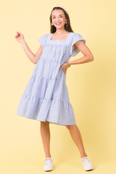 Seersucker Stripe Dress, Blue
