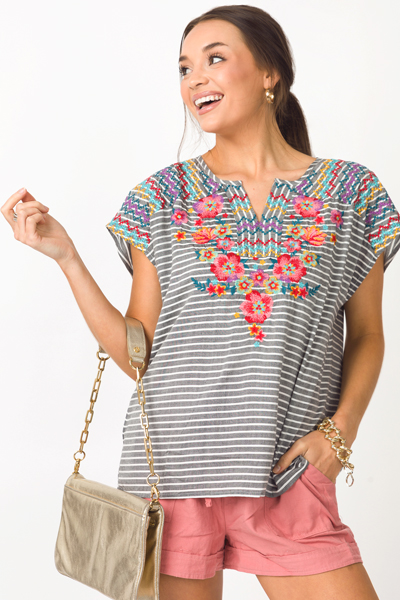 Rows Embroidery Top, Charcoal