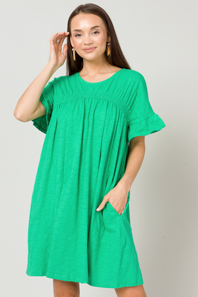 Smock Knit Slub Dress, Green