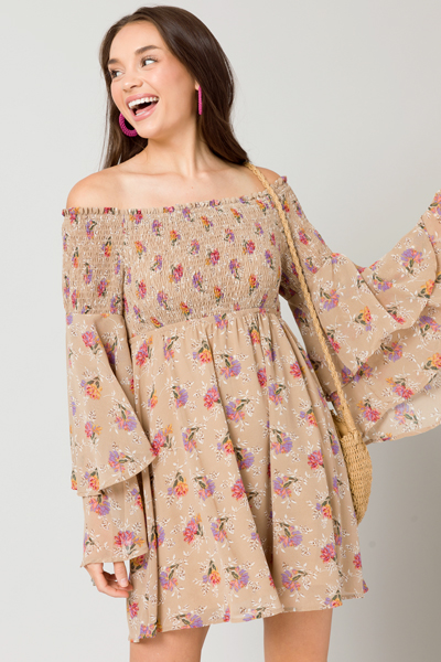 Boho Smock OTS Dress, Beige