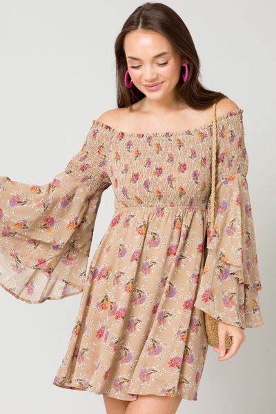 Boho Smock OTS Dress, Beige