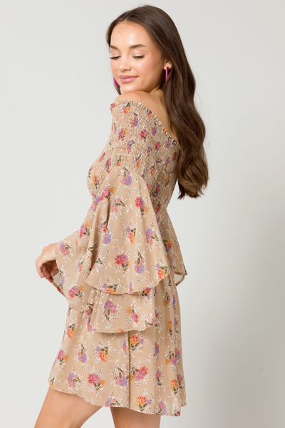 Boho Smock OTS Dress, Beige