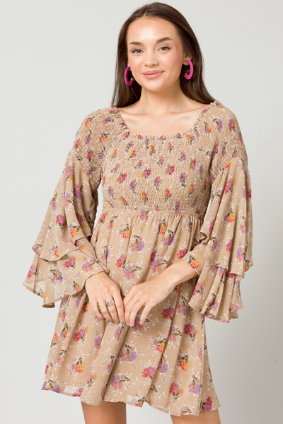 Boho Smock OTS Dress, Beige