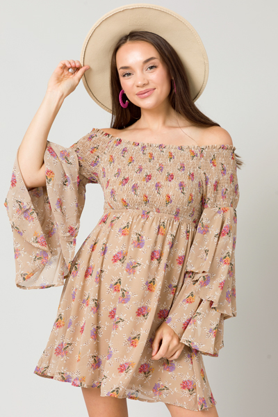 Boho Smock OTS Dress, Beige