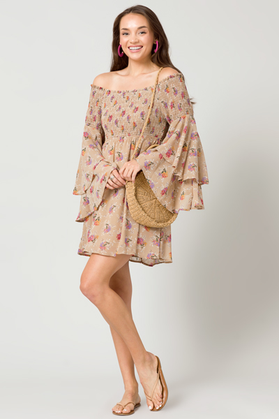 Boho Smock OTS Dress, Beige