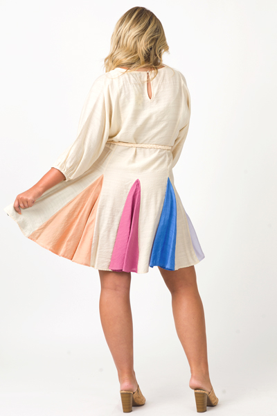 Rainbow Panels Belted Dress, Champagne