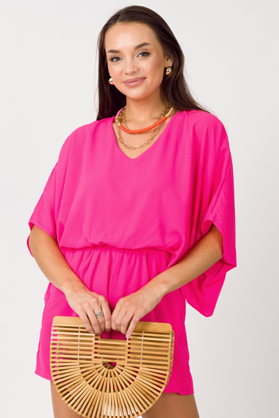 Drape Sleeves Romper, Fuchsia