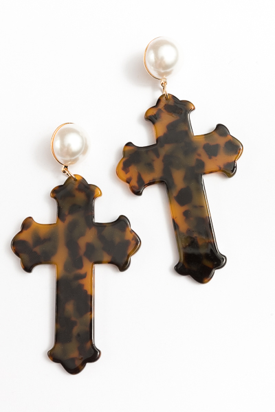 Acrylic Cross & Pearl Earrings, Tortoise