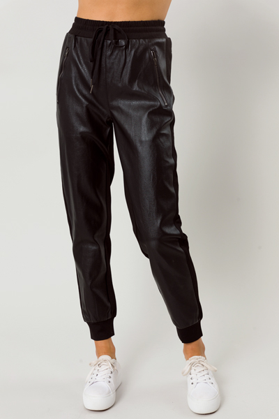 Leather Front Joggers, Black
