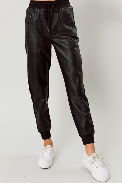 Leather Front Joggers, Black