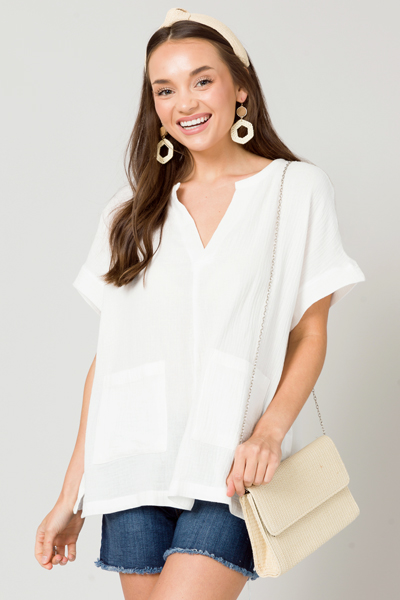 Double Pockets Gauze Top, White