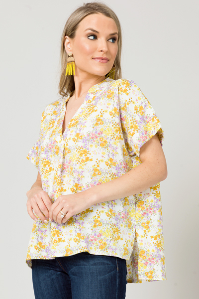 Karlie Floral V Neck Top, Yellow
