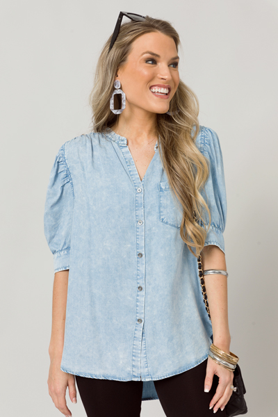Puff Sleeve Chambray Button Top